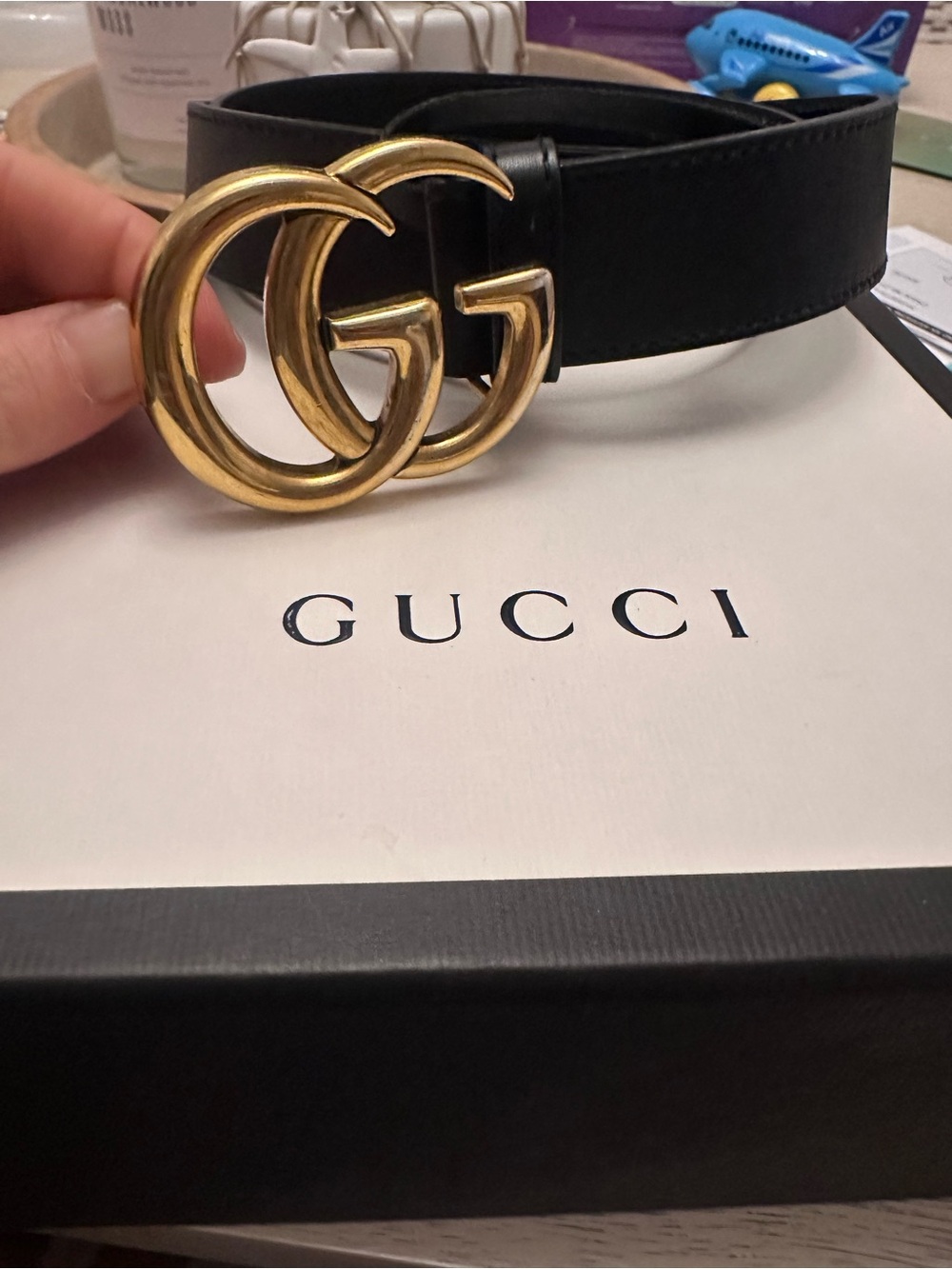 Gucci Black Leather Belt with Gold Double G Buckle